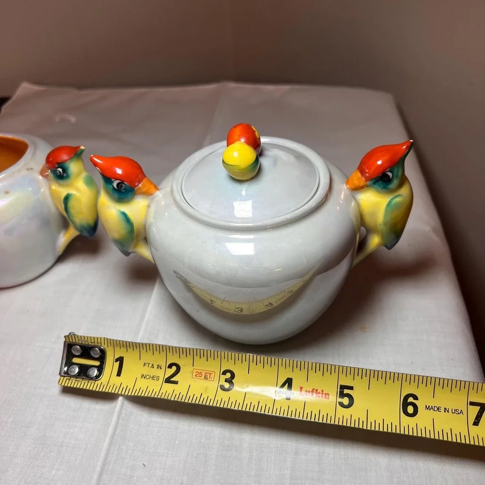VTG  Lustreware Colorful Bird Cream & Sugar Set Japan Iridescent porcelain china